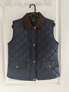Lauren Ralph Lauren Quilted Vest Navy Blue w/ Brown Corduroy Collar – Size small
